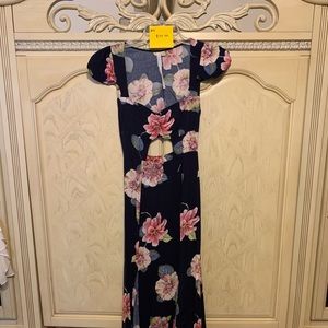 Navy Flower Cut Out Dress with Bottom Slits